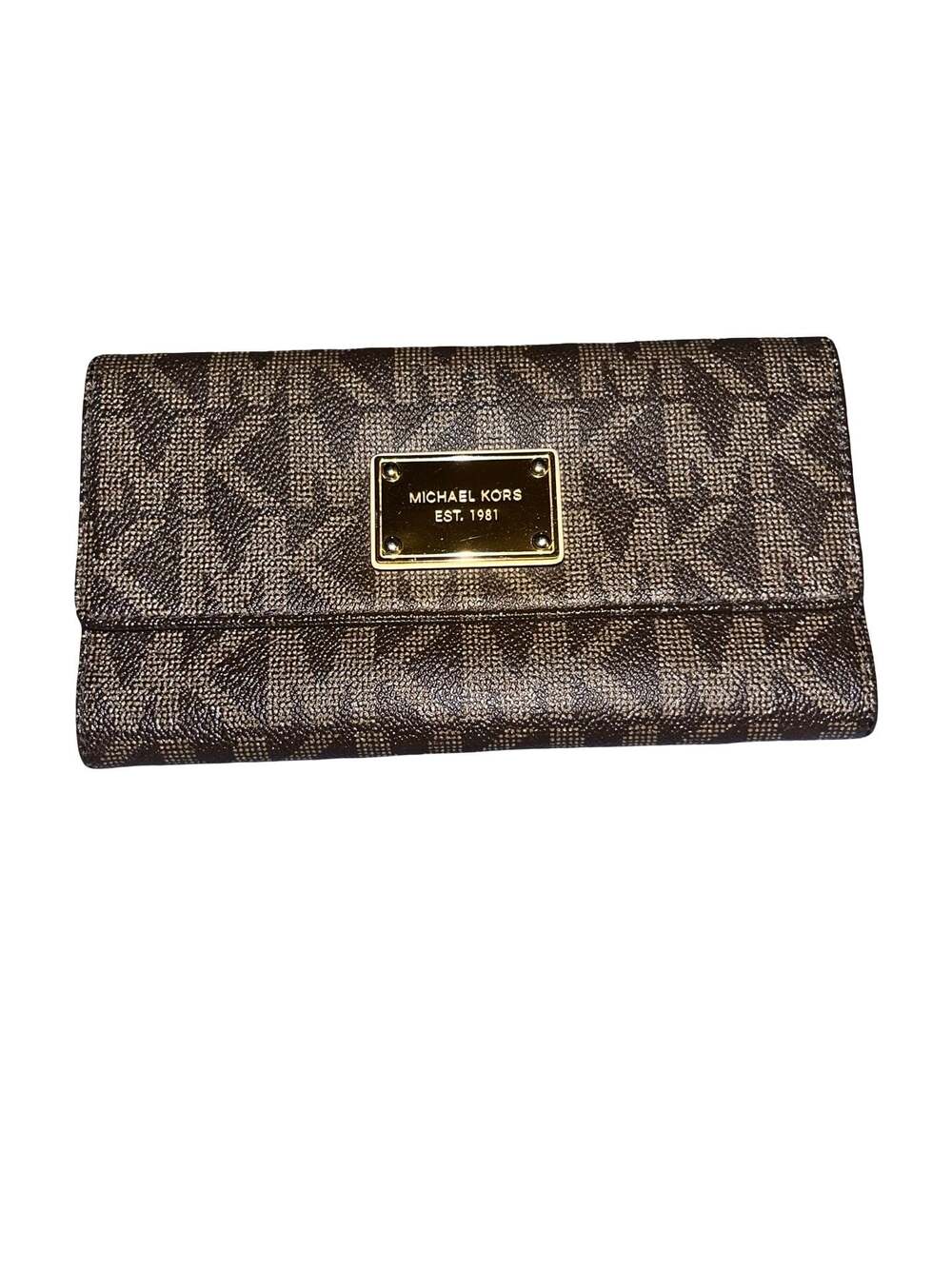 Michael Kors Jet Set Large Trifold MK Logo Checkbook Wallet Brown